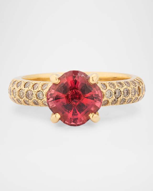 18K Yellow Gold Pave Diamond and Pink Garnet Ring